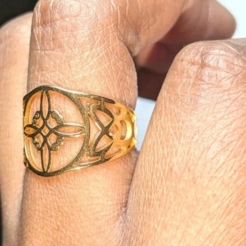 Witch Knot Golden Stainless Steel Ring For Women Wiccan Cross Celtic Knot Sz 8